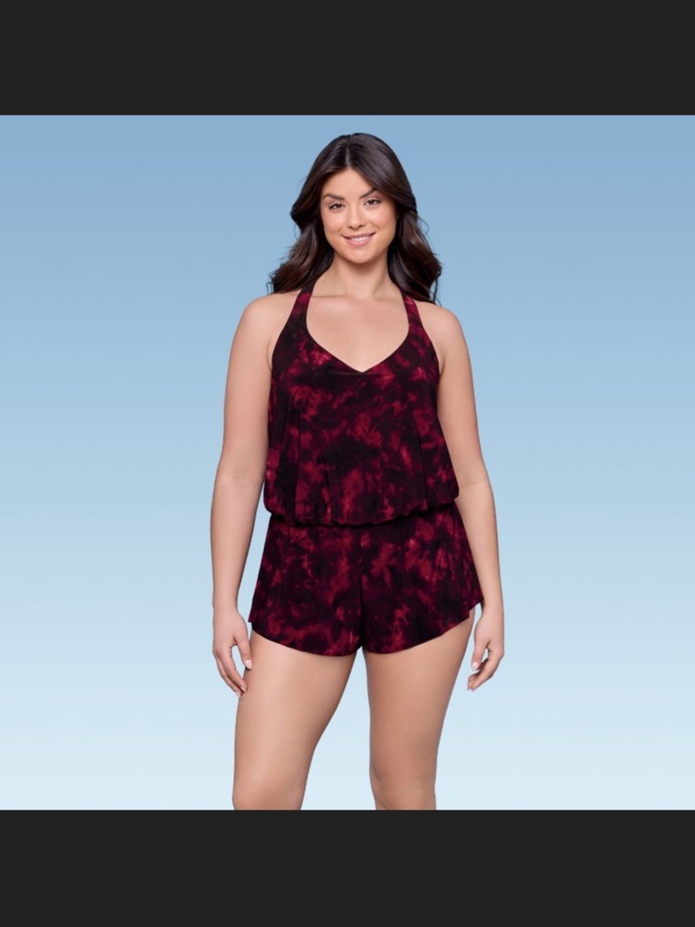 Aqua Green Burgundy Tie-Dye V-Neck Tank Romper would pockets